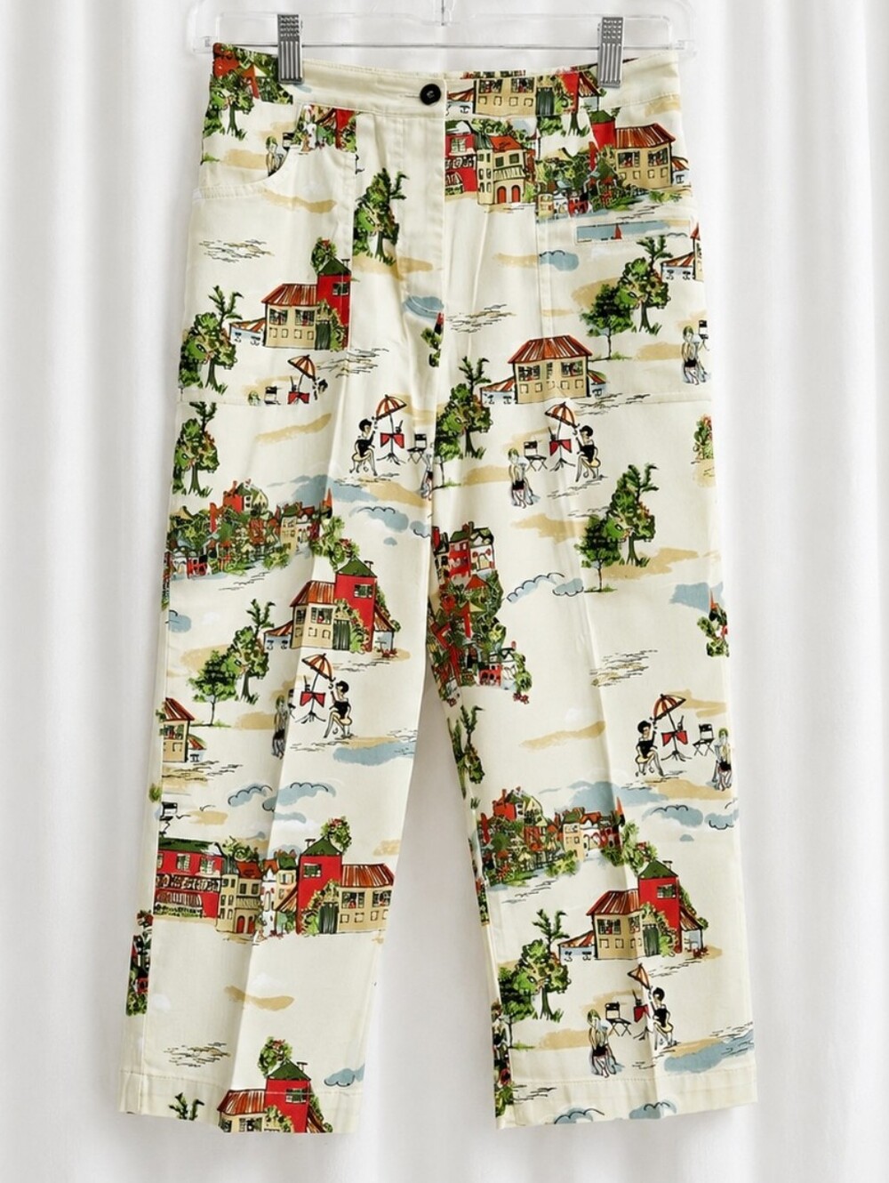 Vintage Chico's Scenic Mediterranean Seaside Toile Print Whimsical Cropped Pants